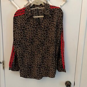 Leopard Print v neck collar Shirt with Red Stripe Detail - Women